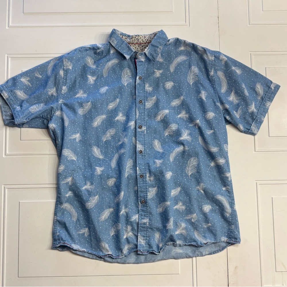 Wayan Natural Wear WNW Feather Blue Mens Large Short Sleeve Button Up Shirt